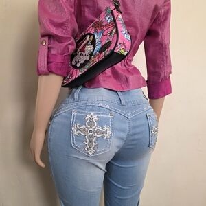 ☆Silver Diva Y2K Silver Rhinestone Mcbling Distressed Bootcut Denim Blue…